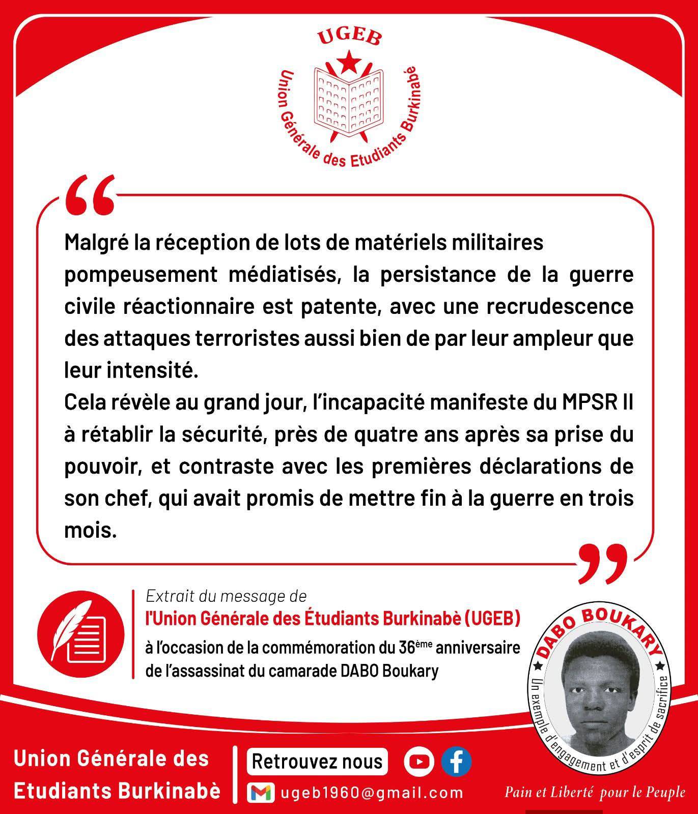 Transition au Burkina Faso : l&rsquo;ugeb dénonce les limites du mpsr ii face à la crise persistante