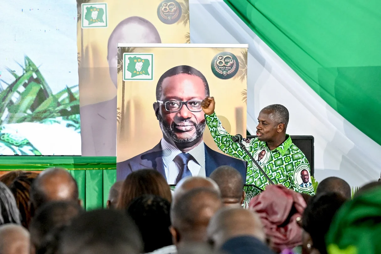 Calice Yapo Yapo, secrétaire exécutif du PDCI, lors des célébrations du 80e anniversaire du parti, le 9 avril 2026 à Abidjan. © Issouf SANOGO/AFP