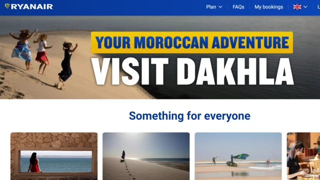 Capture d'écran d'une campagne publicitaire de Ryanair mettant en avant des vols vers le Sahara occidental