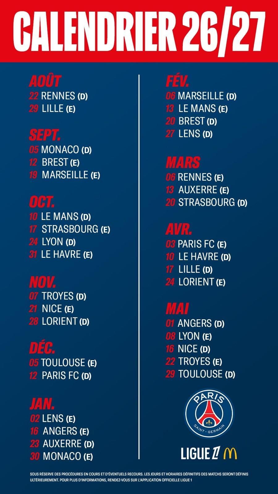 calendrier détaillé psg 2026-2027