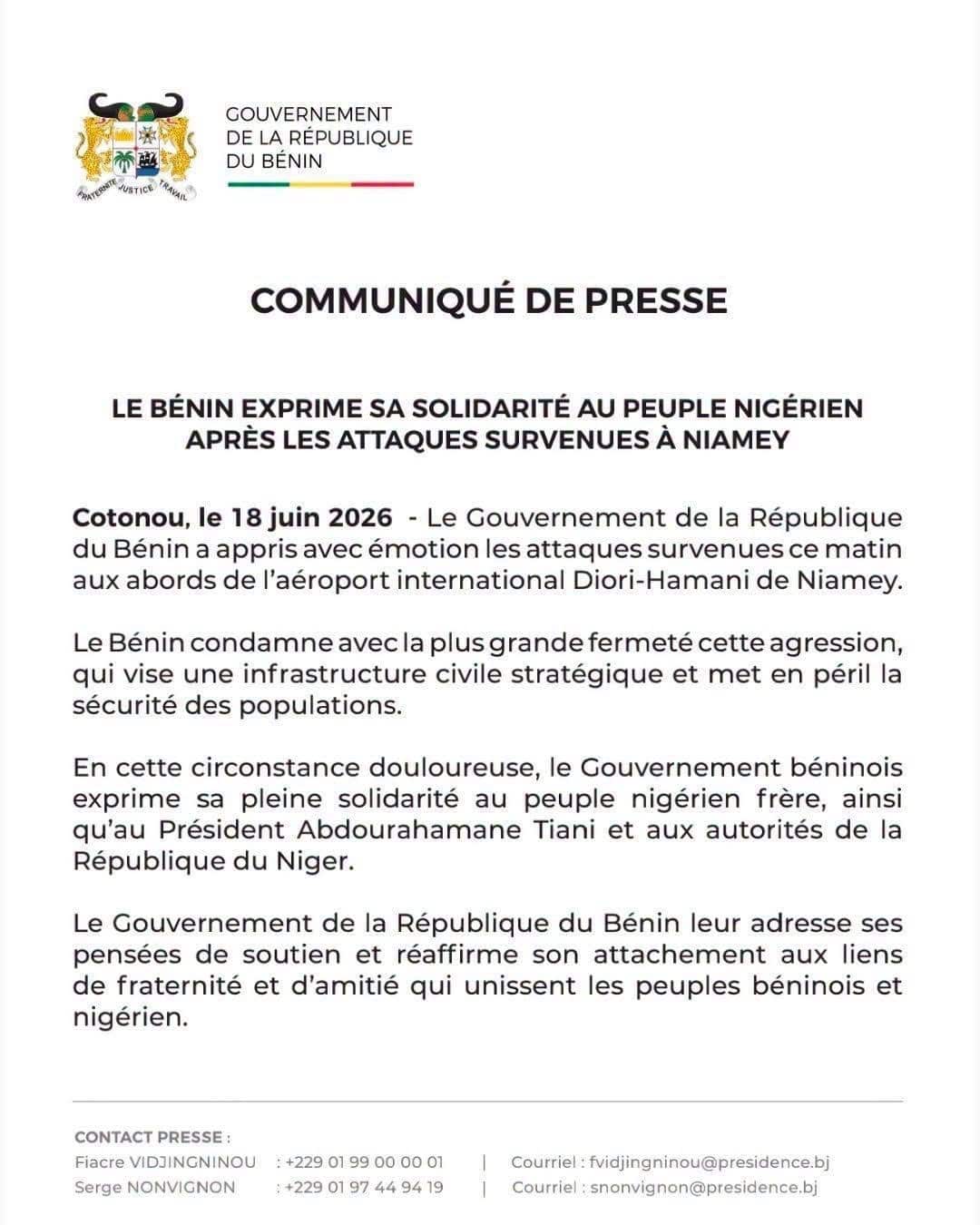 Communiqué officiel du Bénin exprimant sa solidarité au Niger