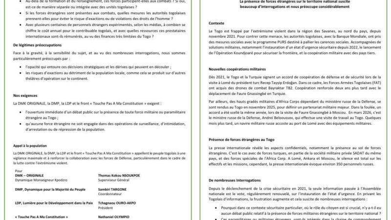 Au Togo, l&rsquo;ombre des soldats étrangers interroge la population et l&rsquo;opposition