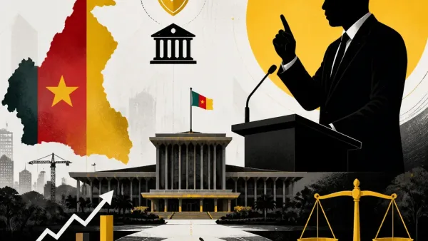 Illustration éditoriale : le président camerounais Paul Biya et le ministre René Emmanuel Sadi lors d'une déclaration officielle
